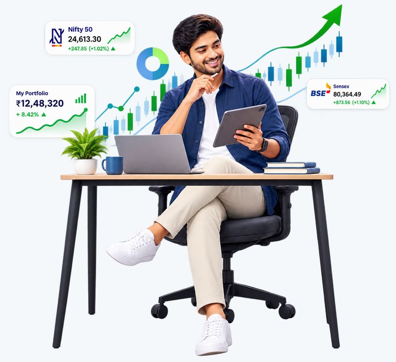 Investor reviewing Nifty 50, Sensex and portfolio market performance